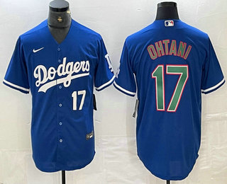 Men's Los Angeles Dodgers #17 Shohei Ohtani Number Blue Green Stitched Cool Base Nike Jersey 03