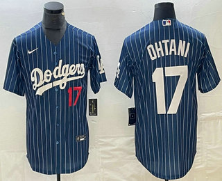 Men's Los Angeles Dodgers #17 Shohei Ohtani Number Blue Pinstripe Cool Base Stitched Baseball Jersey 11