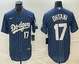 Men's Los Angeles Dodgers #17 Shohei Ohtani Number Blue Pinstripe Cool Base Stitched Baseball Jersey 12