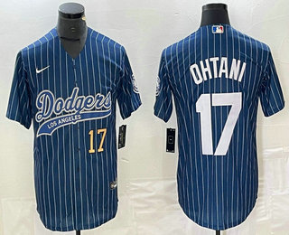 Men's Los Angeles Dodgers #17 Shohei Ohtani Number Blue Pinstripe Cool Base Stitched Baseball Jersey