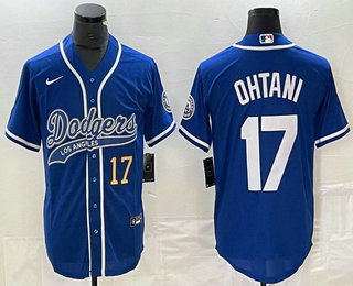 Men's Los Angeles Dodgers #17 Shohei Ohtani Number Blue With Patch Cool Base Stitched Baseball Jersey