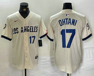 Men's Los Angeles Dodgers #17 Shohei Ohtani Number Cream Blue 2024 City Connect Limited Stitched Jersey 01