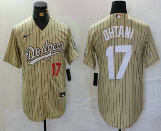 Men's Los Angeles Dodgers #17 Shohei Ohtani Number Cream Pinstripe Cool Base Stitched Jersey 01