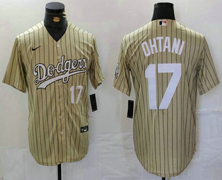 Men's Los Angeles Dodgers #17 Shohei Ohtani Number Cream Pinstripe Cool Base Stitched Jersey 02