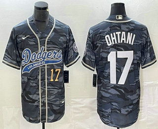 Men's Los Angeles Dodgers #17 Shohei Ohtani Number Grey Camo Cool Base With Patch Stitched Baseball Jersey