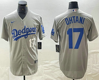 Men's Los Angeles Dodgers #17 Shohei Ohtani Number Grey Cool Base Stitched Jersey 02