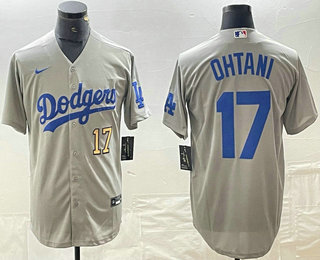 Men's Los Angeles Dodgers #17 Shohei Ohtani Number Grey Cool Base Stitched Jersey 03