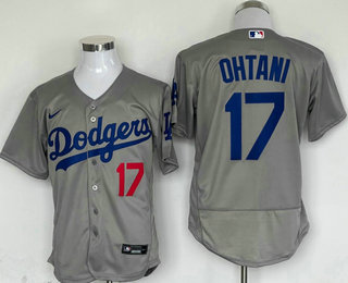 Men's Los Angeles Dodgers #17 Shohei Ohtani Number Grey Stitched Flex Base Nike Jersey