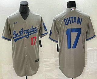 Men's Los Angeles Dodgers #17 Shohei Ohtani Number Grey With Los Stitched Cool Base Nike Jersey