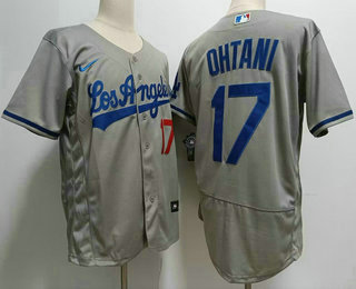 Men's Los Angeles Dodgers #17 Shohei Ohtani Number Grey With Los Stitched Flex Base Nike Jersey