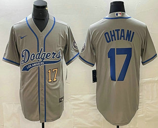 Men's Los Angeles Dodgers #17 Shohei Ohtani Number Grey With Patch Cool Base Stitched Baseball Jersey 11