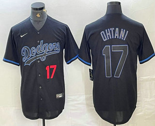 Men's Los Angeles Dodgers #17 Shohei Ohtani Number Lights Out Black Fashion Stitched Cool Base Nike Jersey 02