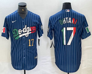 Men's Los Angeles Dodgers #17 Shohei Ohtani Number Mexico Blue Pinstripe Cool Base Stitched Jersey 11