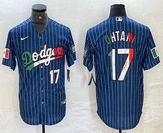 Men's Los Angeles Dodgers #17 Shohei Ohtani Number Mexico Blue Pinstripe Cool Base Stitched Jersey 12