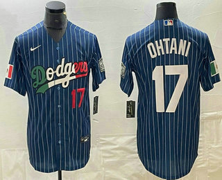 Men's Los Angeles Dodgers #17 Shohei Ohtani Number Navy Blue Pinstripe Mexico 2020 World Series Cool Base Nike Jersey 01