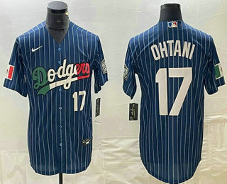 Men's Los Angeles Dodgers #17 Shohei Ohtani Number Navy Blue Pinstripe Mexico 2020 World Series Cool Base Nike Jersey 02