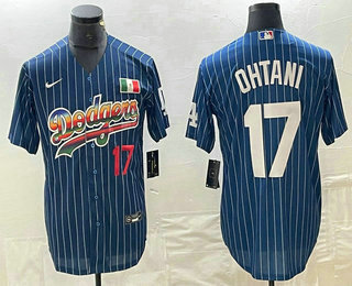 Men's Los Angeles Dodgers #17 Shohei Ohtani Number Rainbow Blue Red Pinstripe Mexico Cool Base Nike Jersey 01