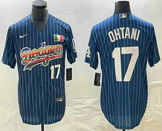 Men's Los Angeles Dodgers #17 Shohei Ohtani Number Rainbow Blue Red Pinstripe Mexico Cool Base Nike Jersey 02