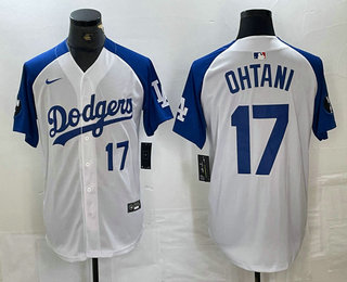 Men's Los Angeles Dodgers #17 Shohei Ohtani Number White Blue Fashion Stitched Cool Base Limited Jersey 12