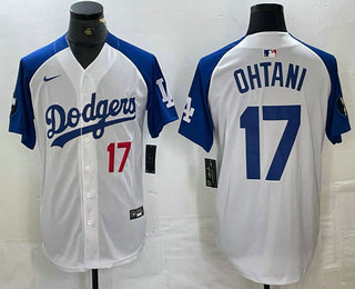 Men's Los Angeles Dodgers #17 Shohei Ohtani Number White Blue Fashion Stitched Cool Base Limited Jersey 13