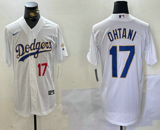 Men's Los Angeles Dodgers #17 Shohei Ohtani Number White Gold Championship Stitched Cool Base Nike Jersey