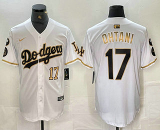 Men's Los Angeles Dodgers #17 Shohei Ohtani Number White Gold Fashion Stitched Cool Base Limited Jersey 11