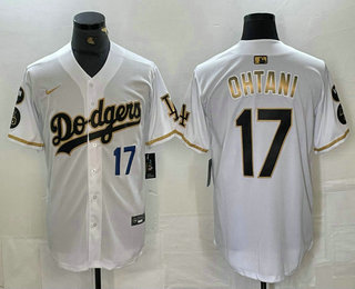 Men's Los Angeles Dodgers #17 Shohei Ohtani Number White Gold Fashion Stitched Cool Base Limited Jersey 12