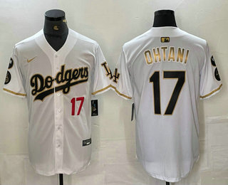 Men's Los Angeles Dodgers #17 Shohei Ohtani Number White Gold Fashion Stitched Cool Base Limited Jersey 13