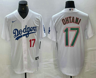 Men's Los Angeles Dodgers #17 Shohei Ohtani Number White Green Stitched Cool Base Nike Jersey 01