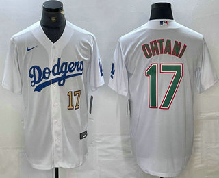 Men's Los Angeles Dodgers #17 Shohei Ohtani Number White Green Stitched Cool Base Nike Jersey 02