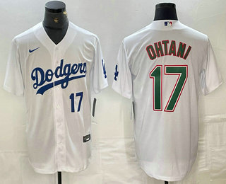 Men's Los Angeles Dodgers #17 Shohei Ohtani Number White Green Stitched Cool Base Nike Jersey 03