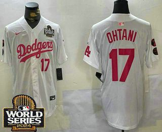 Men's Los Angeles Dodgers #17 Shohei Ohtani Number White Pink 2024 World Series Limited Cool Base Stitched Jersey