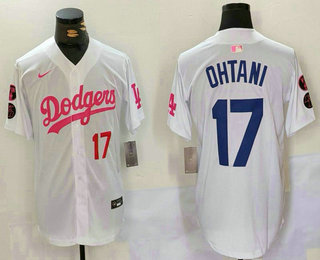 Men's Los Angeles Dodgers #17 Shohei Ohtani Number White Pink With Patch Limited Stitched Jersey