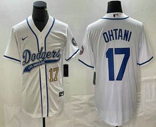 Men's Los Angeles Dodgers #17 Shohei Ohtani Number White With Patch Cool Base Stitched Baseball Jersey