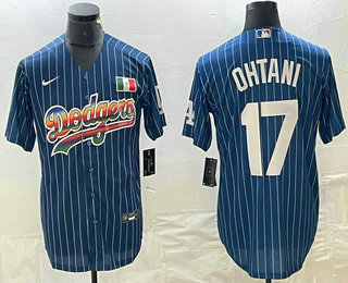 Men's Los Angeles Dodgers #17 Shohei Ohtani Rainbow Blue Red Pinstripe Mexico Cool Base Nike Jersey 01