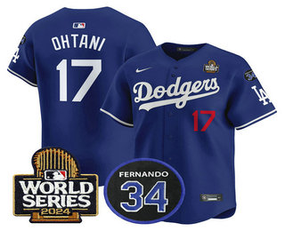 Men's Los Angeles Dodgers #17 Shohei Ohtani Royal 2024 World Series With Fernando 34 Patch Limited Stitched Jersey