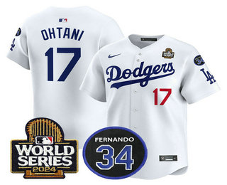 Men's Los Angeles Dodgers #17 Shohei Ohtani White 2024 World Series With Fernando 34 Patch Limited Stitched Jersey