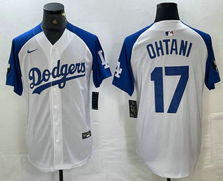 Men's Los Angeles Dodgers #17 Shohei Ohtani White Blue Fashion Stitched Cool Base Limited Jersey 11