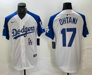 Men's Los Angeles Dodgers #17 Shohei Ohtani White Blue Fashion Stitched Cool Base Limited Jersey 12