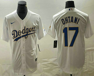 Men's Los Angeles Dodgers #17 Shohei Ohtani White Gold Championship Stitched Cool Base Nike Jersey