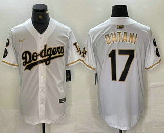 Men's Los Angeles Dodgers #17 Shohei Ohtani White Gold Fashion Stitched Cool Base Limited Jersey 11