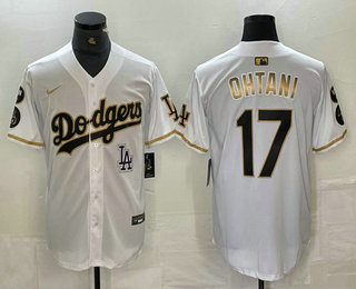 Men's Los Angeles Dodgers #17 Shohei Ohtani White Gold Fashion Stitched Cool Base Limited Jersey 12