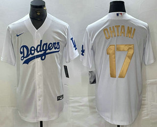 Men's Los Angeles Dodgers #17 Shohei Ohtani White Gold Stitched Cool Base Nike Jersey 01