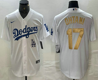 Men's Los Angeles Dodgers #17 Shohei Ohtani White Gold Stitched Cool Base Nike Jersey 02