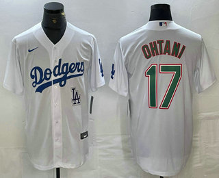 Men's Los Angeles Dodgers #17 Shohei Ohtani White Green Stitched Cool Base Nike Jersey 01