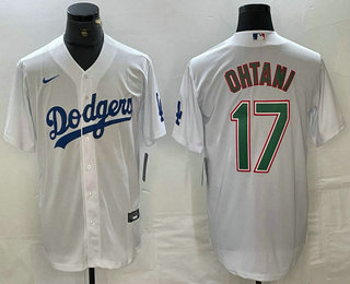 Men's Los Angeles Dodgers #17 Shohei Ohtani White Green Stitched Cool Base Nike Jersey 02