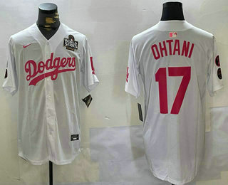 Men's Los Angeles Dodgers #17 Shohei Ohtani White Pink 2024 World Series Limited Cool Base Stitched Jersey