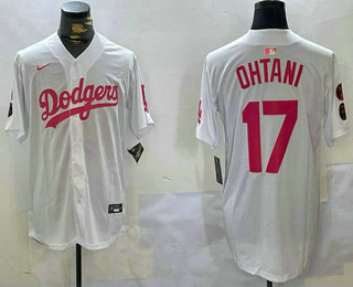 Men's Los Angeles Dodgers #17 Shohei Ohtani White Pink Limited Cool Base Stitched Jersey