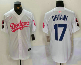 Men's Los Angeles Dodgers #17 Shohei Ohtani White Pink With Patch Limited Stitched Jersey