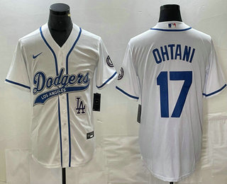 Men's Los Angeles Dodgers #17 Shohei Ohtani White With Patch Cool Base Stitched Baseball Jersey 02